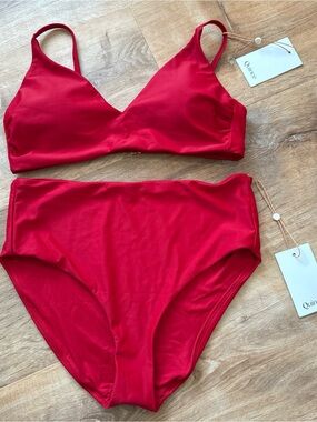 Quince Red v-neck Bikini Top and Matching mid-Rise Bottoms